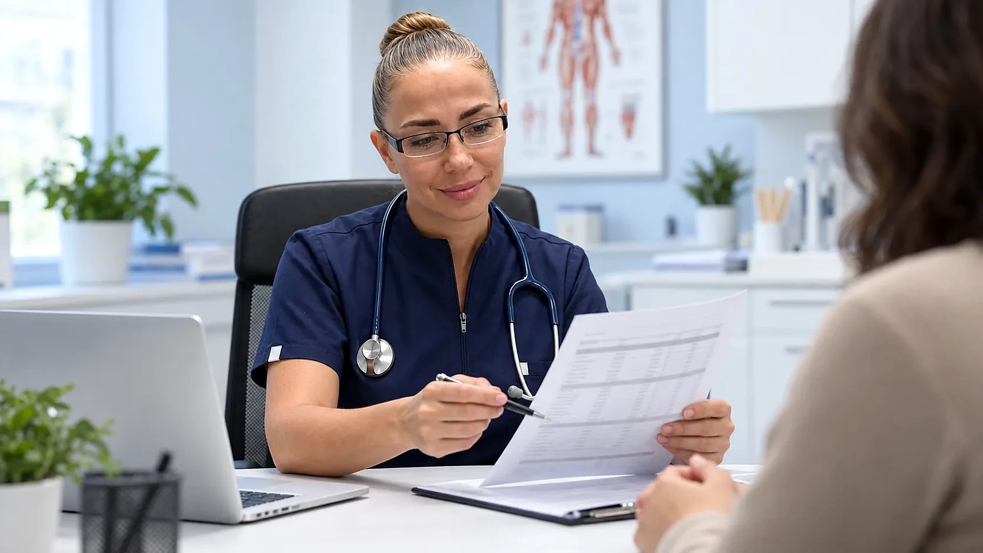 Physician discussing medical test results with a patient during an internal medicine consultation